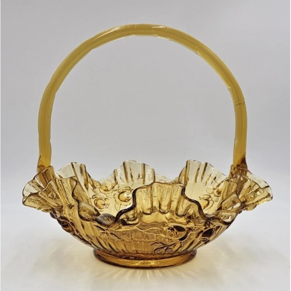 Vintage Amber Pressed Glass Basket Ruffled Edges Roses Applied Handle